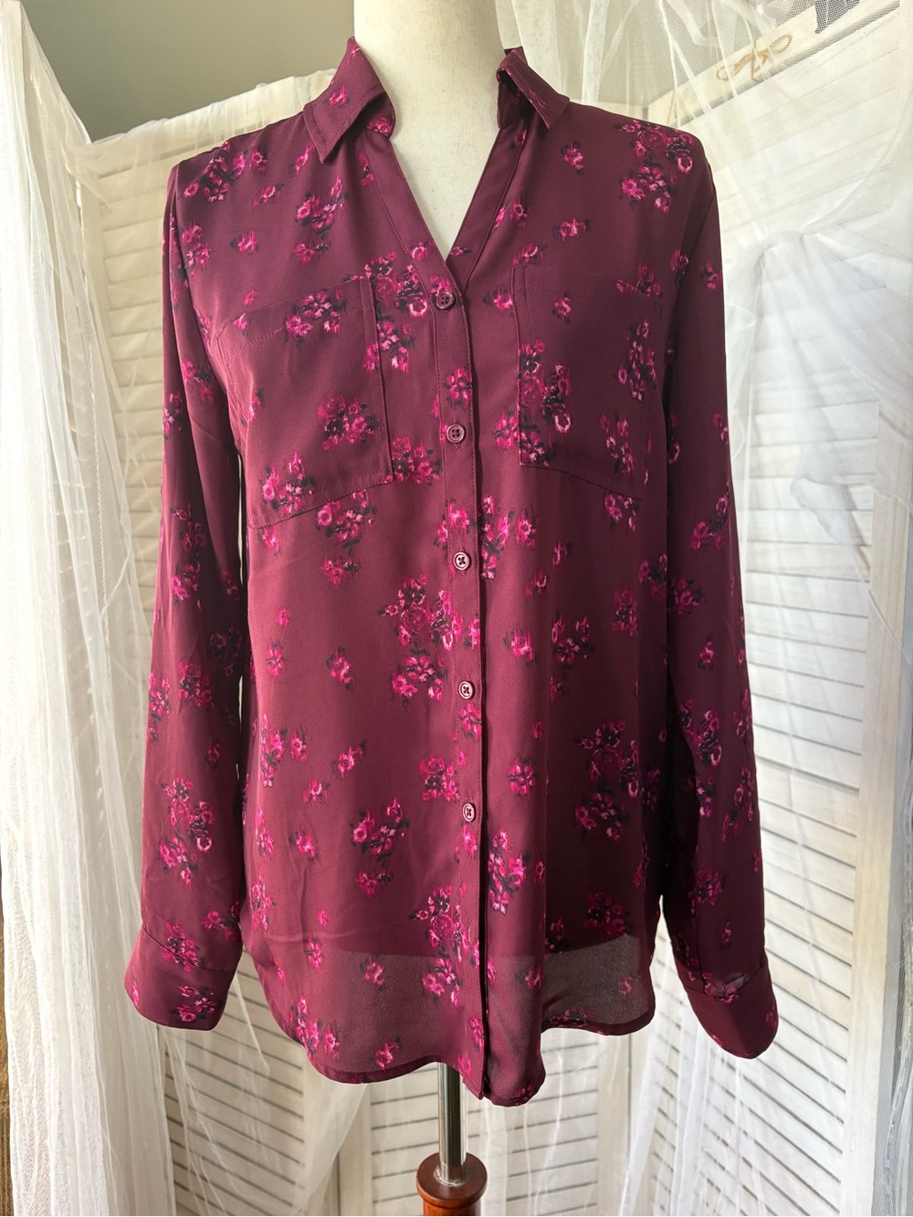 Maurices Burgundy Floral Button-Down Blouse
